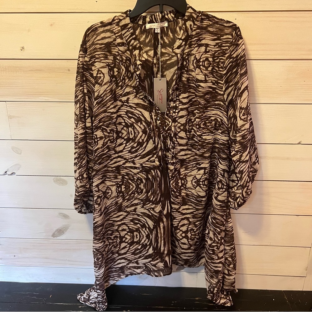 NWT Sepogee Animal Print Blouse Brown Cream Embellished Size 1X